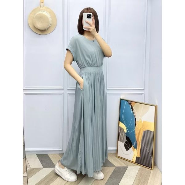 仙女專屬圓領細壓摺雪紡長洋 
