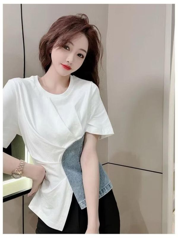 時髦拼接牛仔不規則短袖T恤 牛仔,短袖,T桖