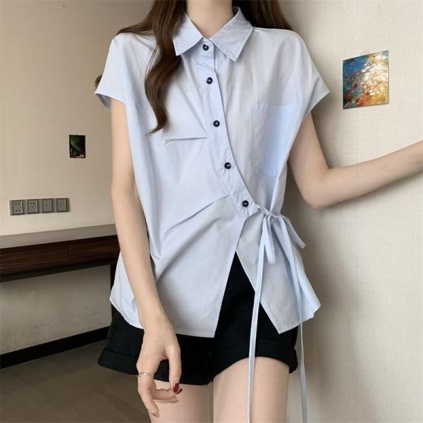 設計款顯瘦短袖氣質襯衫小眾收腰襯衣 設計顯瘦短袖氣質襯衫夏季新款感小眾收腰襯衣抽繩大碼上衣