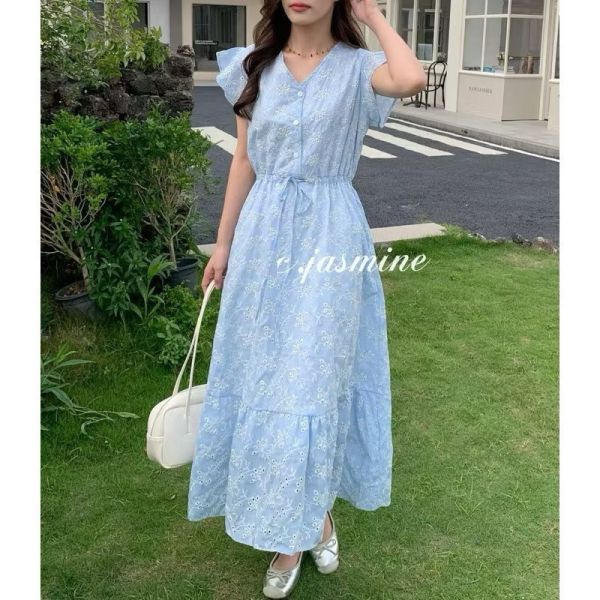 最美花色淡藍唯美繡花抽繩 口袋洋裝 最美花色淡藍唯美繡花抽繩 口袋洋裝