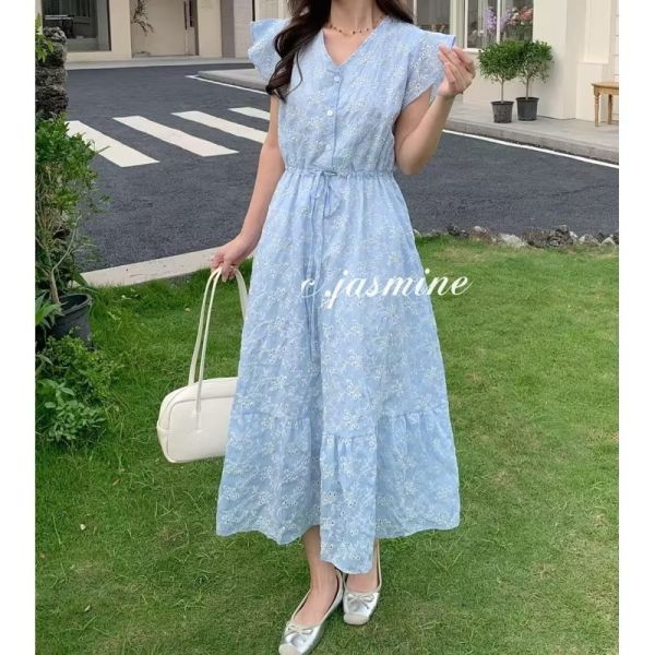 最美花色淡藍唯美繡花抽繩 口袋洋裝 最美花色淡藍唯美繡花抽繩 口袋洋裝