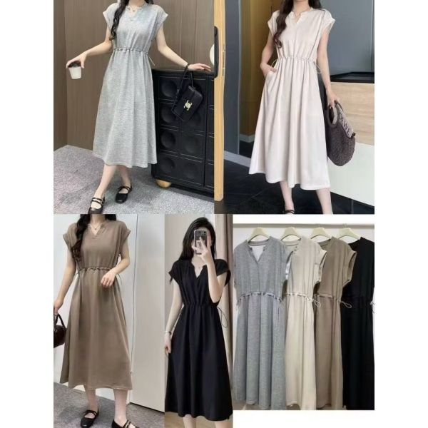 韓系氣質V領空氣棉側口袋收腰連身洋 空氣棉側口袋收腰連身洋