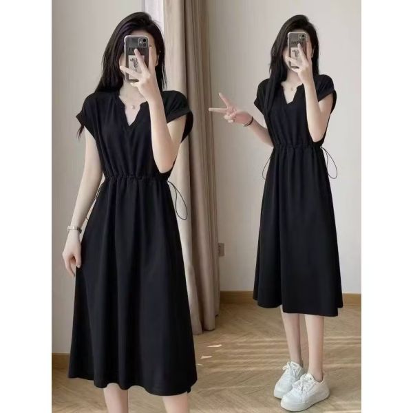 韓系氣質V領空氣棉側口袋收腰連身洋 空氣棉側口袋收腰連身洋