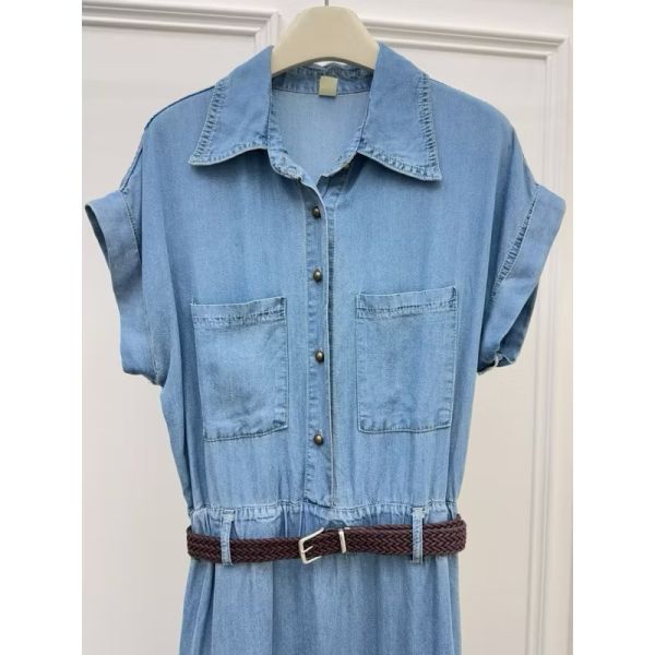 連袖設計天絲牛仔長洋 現貨/連袖設計天絲牛仔長洋 *附編織皮帶 長洋裝 藍色洋裝