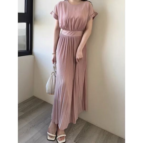 仙女專屬圓領細壓摺雪紡長洋 