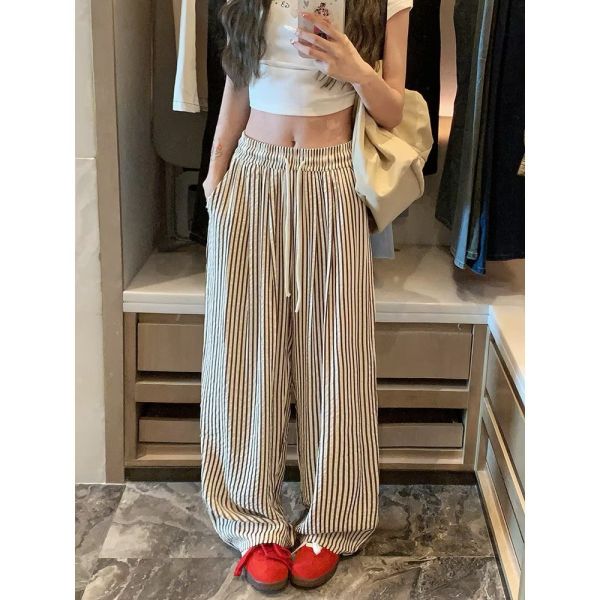 高腰垂墜感條紋顯瘦長褲 顯瘦長褲 高腰長褲 條紋