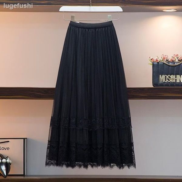鬆緊帶彈性絲綢百褶網紗下蕾絲半身裙長裙 鬆緊帶彈性絲綢百褶網紗下蕾絲半身裙長裙