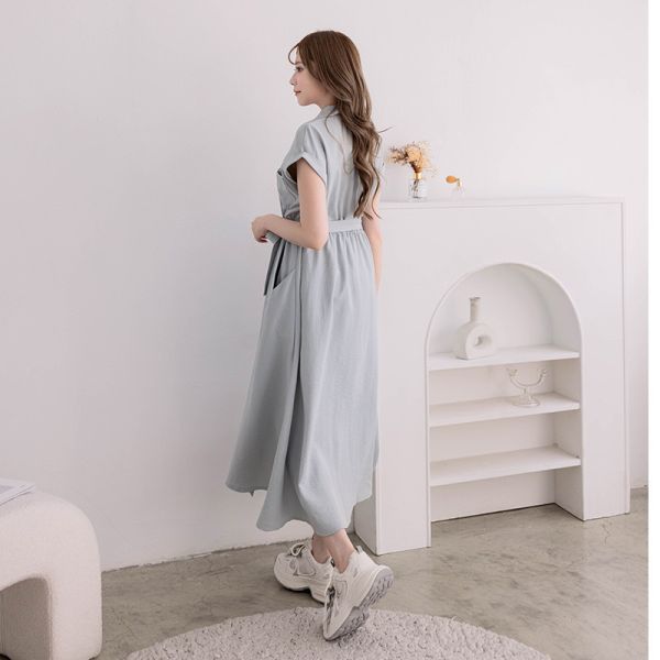 腰綁帶襯衫長洋裝 湖水綠色 長洋裝