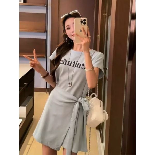 彈力涼感棉質側綁帶假兩件字母中長版上衣 假兩件短洋裝