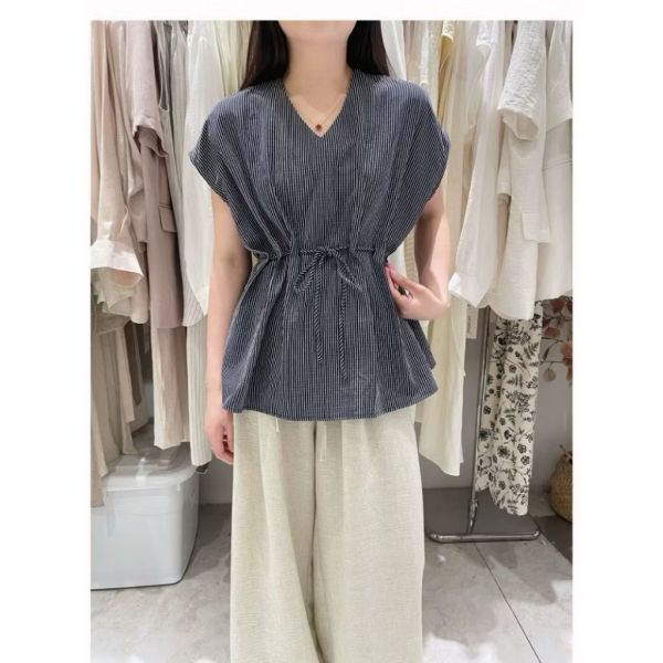 韓系簡約腰穿繩繫帶設計微袖涼爽棉麻上衣 韓系簡約腰穿繩繫帶設計微袖涼爽棉麻上衣