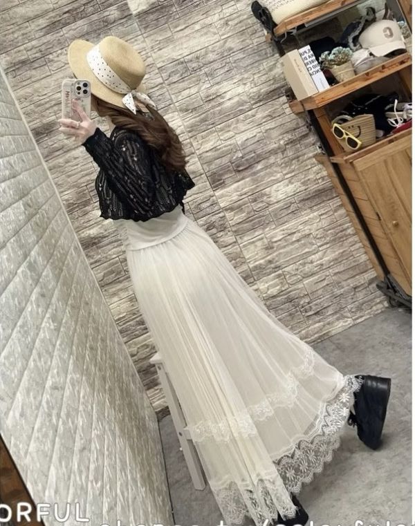 鬆緊帶彈性絲綢百褶網紗下蕾絲半身裙長裙 鬆緊帶彈性絲綢百褶網紗下蕾絲半身裙長裙