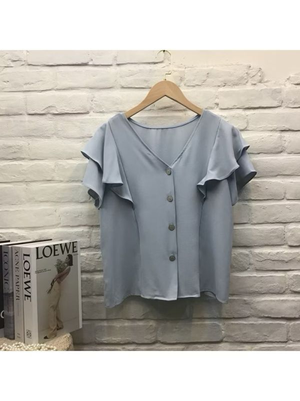 雪紡涼感V領鬆餅格釦雙荷葉袖衫 雪紡涼感V領鬆餅格釦雙荷葉袖衫