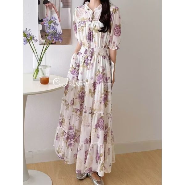 浪漫紫 高級質感碎花雪紡洋裝 長洋裝