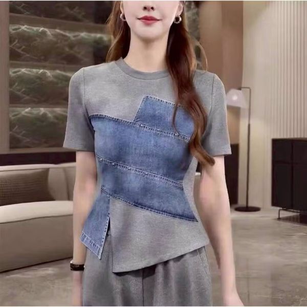 牛仔拼接側岔T 牛仔拼接側岔T