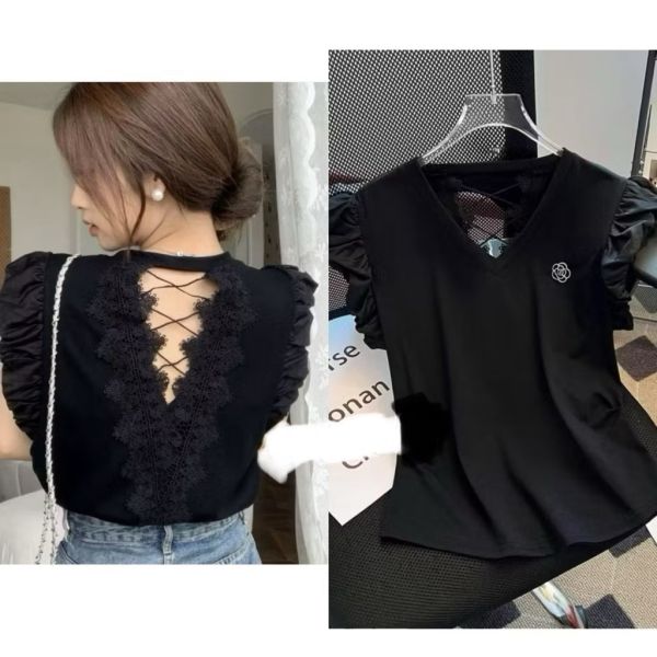 新款後背鏤空蕾絲拼接泡泡袖甜美上衣 新款後背鏤空蕾絲拼接泡泡袖甜美上衣