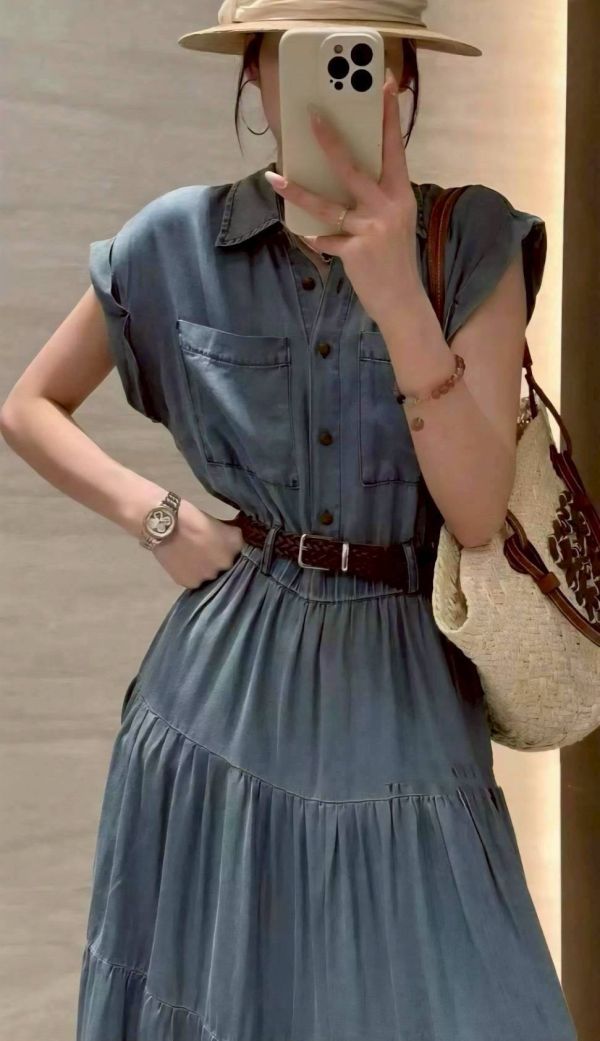 連袖設計天絲牛仔長洋 現貨/連袖設計天絲牛仔長洋 *附編織皮帶 長洋裝 藍色洋裝
