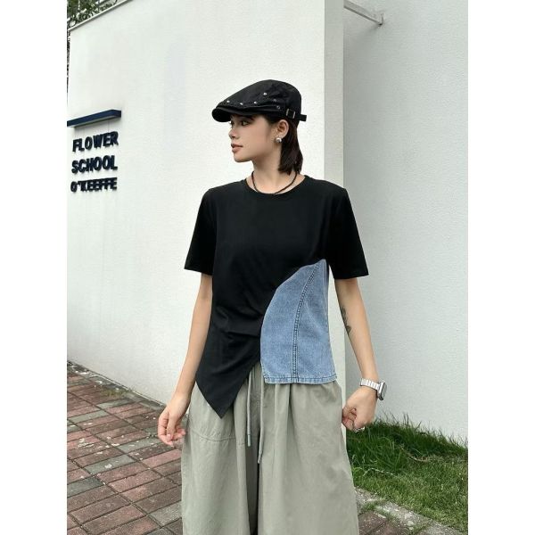 時髦拼接牛仔不規則短袖T恤 牛仔,短袖,T桖