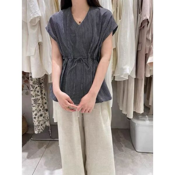 韓系簡約腰穿繩繫帶設計微袖涼爽棉麻上衣 韓系簡約腰穿繩繫帶設計微袖涼爽棉麻上衣