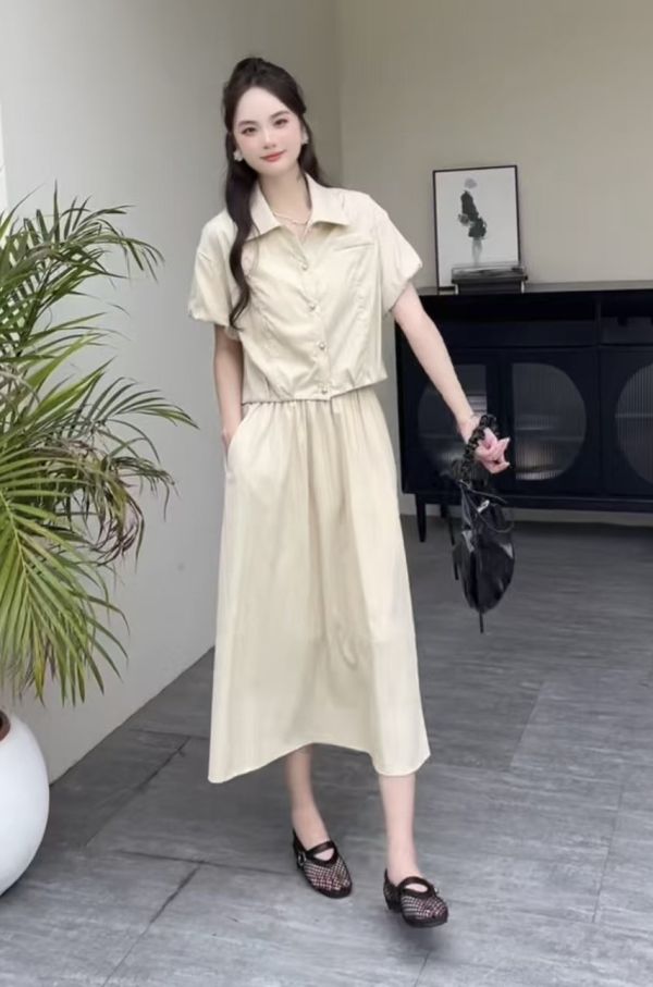 花苞袖口設計涼感材質兩件式裙套裝 