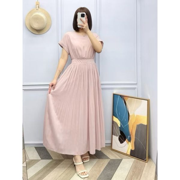 仙女專屬圓領細壓摺雪紡長洋 