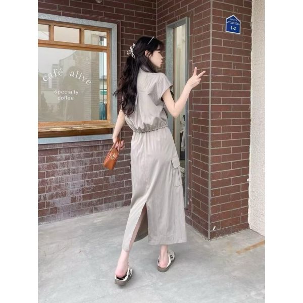 工裝裙速乾材質兩件式上衣+裙套裝 現貨杏色 工裝裙速乾材質兩件式上衣+裙套裝