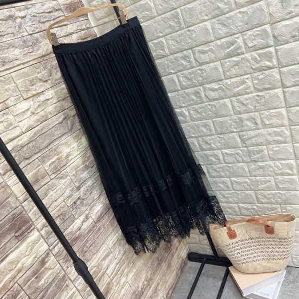鬆緊帶彈性絲綢百褶網紗下蕾絲半身裙長裙 鬆緊帶彈性絲綢百褶網紗下蕾絲半身裙長裙