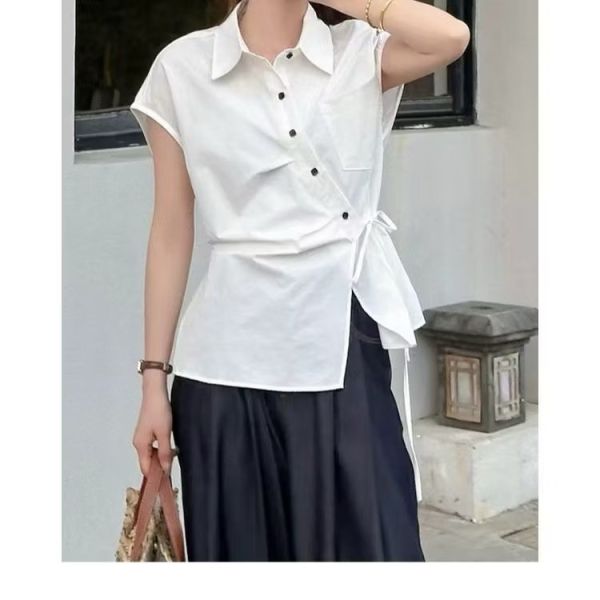 設計款顯瘦短袖氣質襯衫小眾收腰襯衣 設計顯瘦短袖氣質襯衫夏季新款感小眾收腰襯衣抽繩大碼上衣