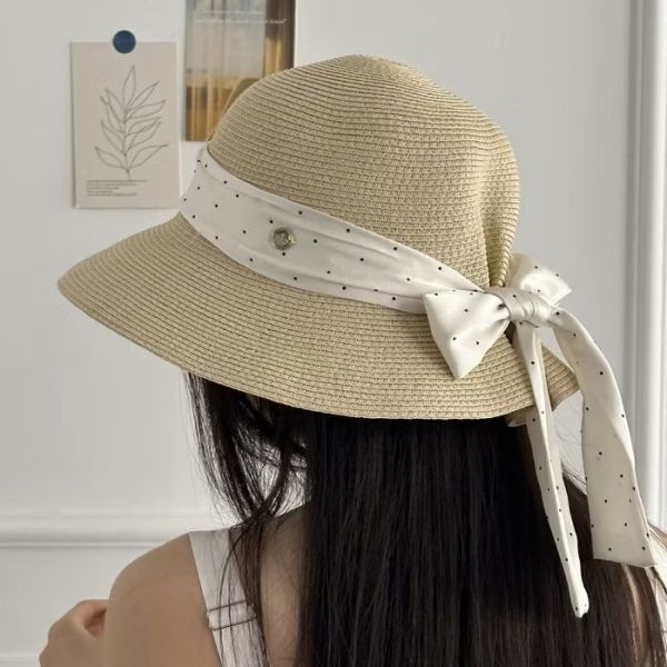 2025新款日系波點蝴蝶結後褶皺草帽 2025新款日系波點蝴蝶結後褶皺草帽