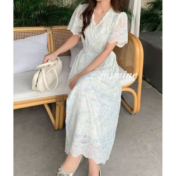 雪紡紗 刺繡短袖長洋裝 長洋裝