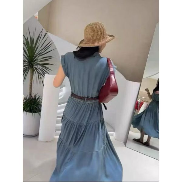 連袖設計天絲牛仔長洋 現貨/連袖設計天絲牛仔長洋 *附編織皮帶 長洋裝 藍色洋裝