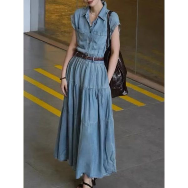 連袖設計天絲牛仔長洋 現貨/連袖設計天絲牛仔長洋 *附編織皮帶 長洋裝 藍色洋裝