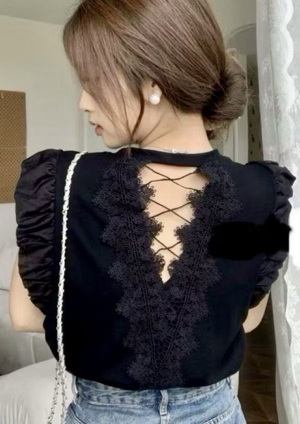 新款後背鏤空蕾絲拼接泡泡袖甜美上衣 新款後背鏤空蕾絲拼接泡泡袖甜美上衣