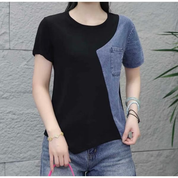 簡約氣質牛仔不規則拼接柔棉上衣 牛仔不規則拼接柔棉上衣 設計感 新款 質感 百搭 穿搭 女裝