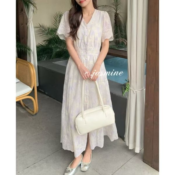 雪紡紗 刺繡短袖長洋裝 長洋裝