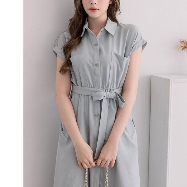 腰綁帶襯衫長洋裝 湖水綠色 長洋裝