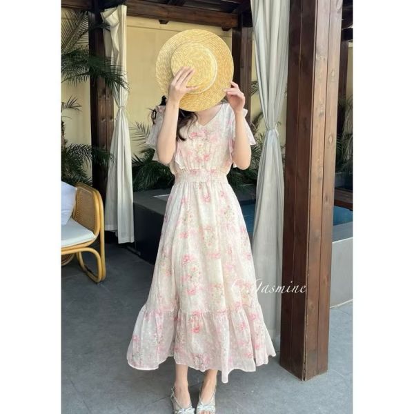 雪紡荷葉袖貓眼釦 鬆緊腰長洋裝 長洋裝