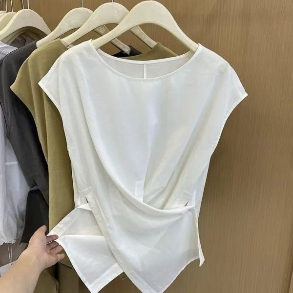 小飛袖襯衫不規則交叉斜扣背心上衣 背心上衣