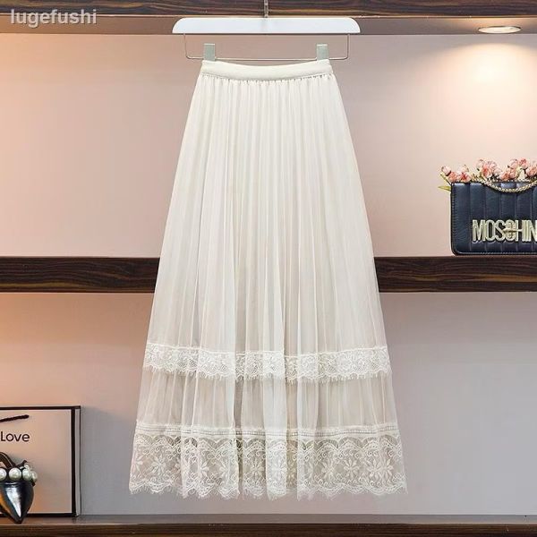 鬆緊帶彈性絲綢百褶網紗下蕾絲半身裙長裙 鬆緊帶彈性絲綢百褶網紗下蕾絲半身裙長裙