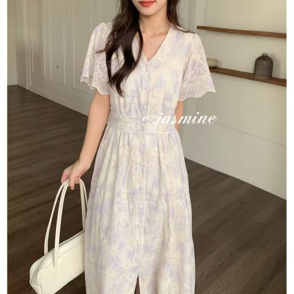 雪紡紗 刺繡短袖長洋裝 長洋裝