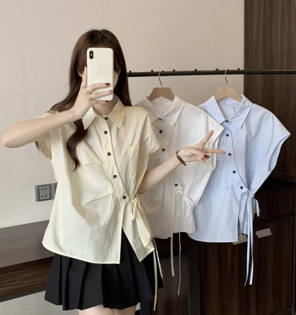 設計款顯瘦短袖氣質襯衫小眾收腰襯衣 設計顯瘦短袖氣質襯衫夏季新款感小眾收腰襯衣抽繩大碼上衣