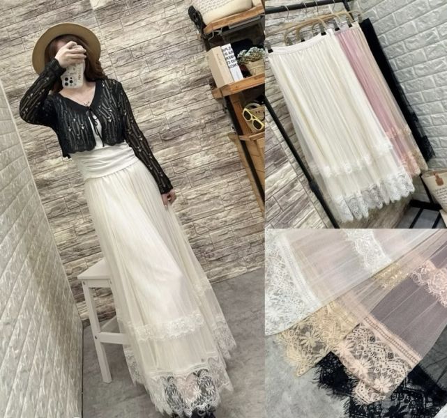 鬆緊帶彈性絲綢百褶網紗下蕾絲半身裙長裙 鬆緊帶彈性絲綢百褶網紗下蕾絲半身裙長裙