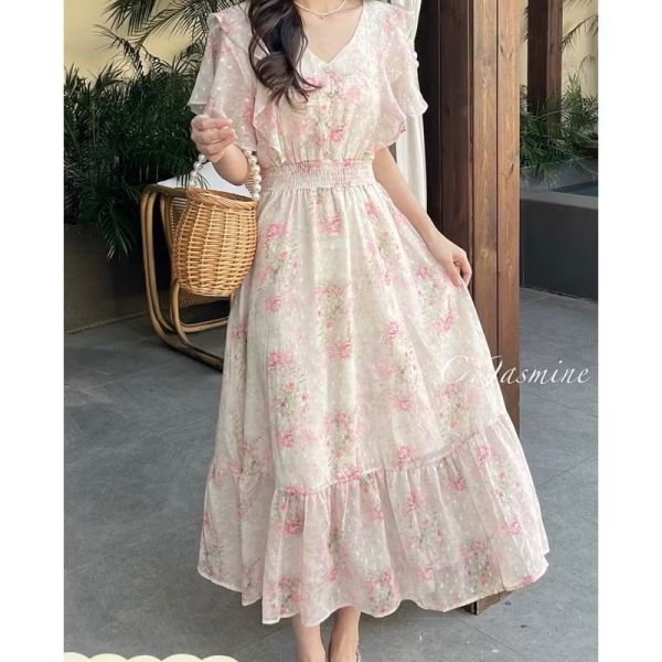 雪紡荷葉袖貓眼釦 鬆緊腰長洋裝 長洋裝