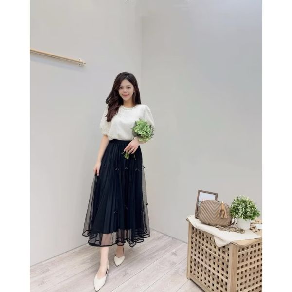 立體蝴蝶結網紗百褶裙 垂墜感紗裙 立體蝴蝶結網紗百褶裙 垂墜感紗裙