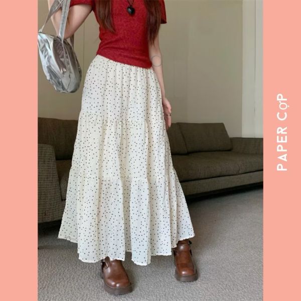 高腰圓點蛋糕裙 优选韓版高腰圓點蛋糕裙 垂感 顯瘦 長裙 蛋糕長裙 A字裙 半身裙 圓點裙 小個子長裙