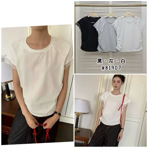 設計肩拼接蕾絲棉質上衣 設計肩拼接蕾絲棉質上衣