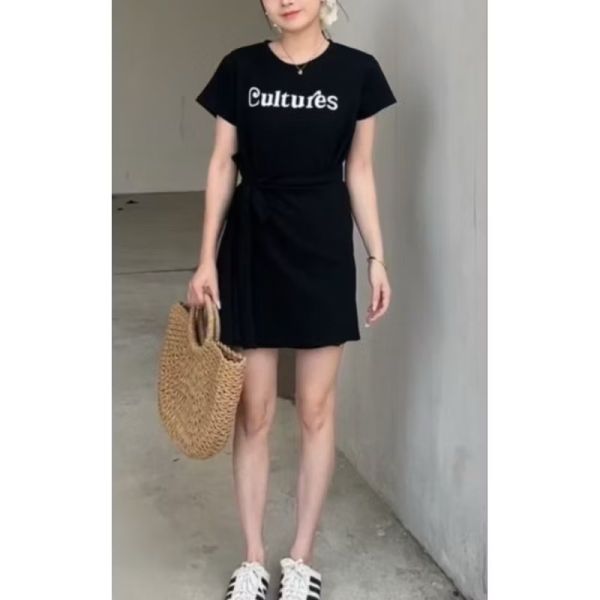 彈力涼感棉質側綁帶假兩件字母中長版上衣 假兩件短洋裝