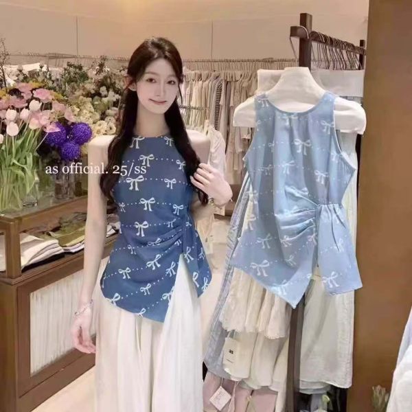 法式甜美風蝴蝶結無袖棉麻設計感開叉上衣 無袖棉麻設計感開叉上衣