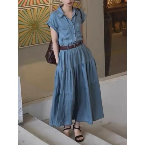 連袖設計天絲牛仔長洋 現貨/連袖設計天絲牛仔長洋 *附編織皮帶 長洋裝 藍色洋裝