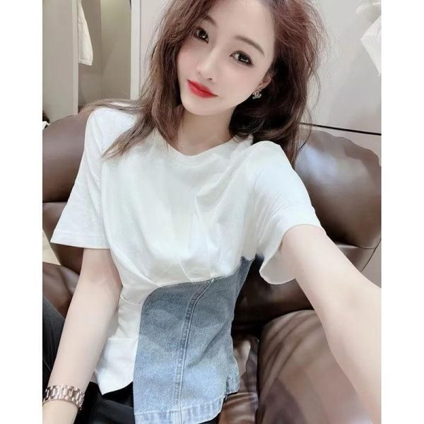 時髦拼接牛仔不規則短袖T恤 牛仔,短袖,T桖