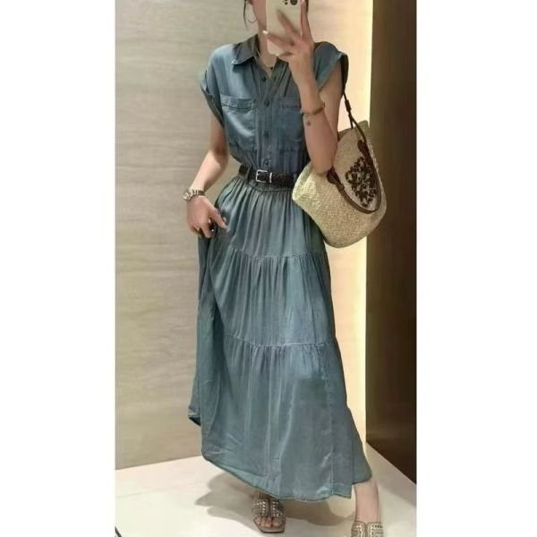 連袖設計天絲牛仔長洋 現貨/連袖設計天絲牛仔長洋 *附編織皮帶 長洋裝 藍色洋裝